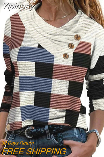 Yipinpay Geometric Print Button Decor Long Sleeve Top Pullover T-Shirts Fashion Woman Blouses 2023 Fall Outfits Women Tee Vintage